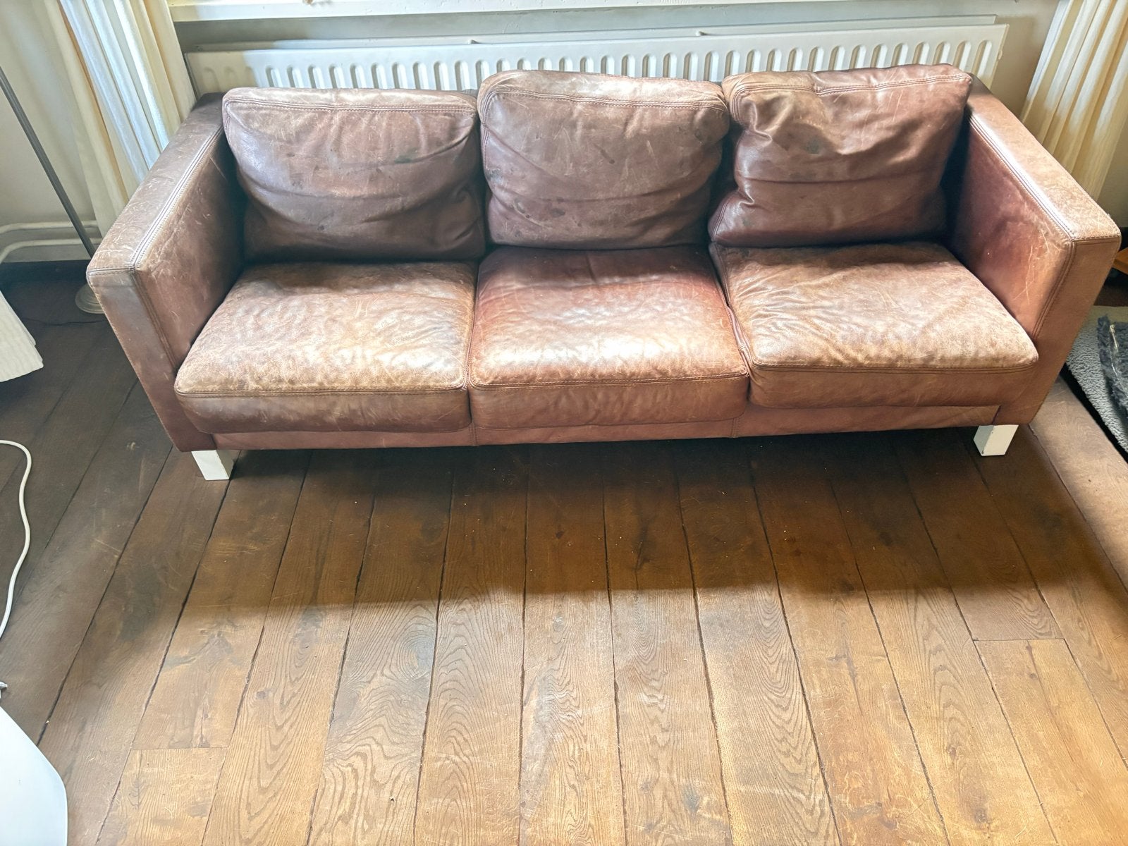 Bruine leren bank Jencikova - 200x83x63 cm, Huis en Inrichting, Banken | Bankstellen, Ophalen, Gebruikt, Driepersoons, Rechte bank