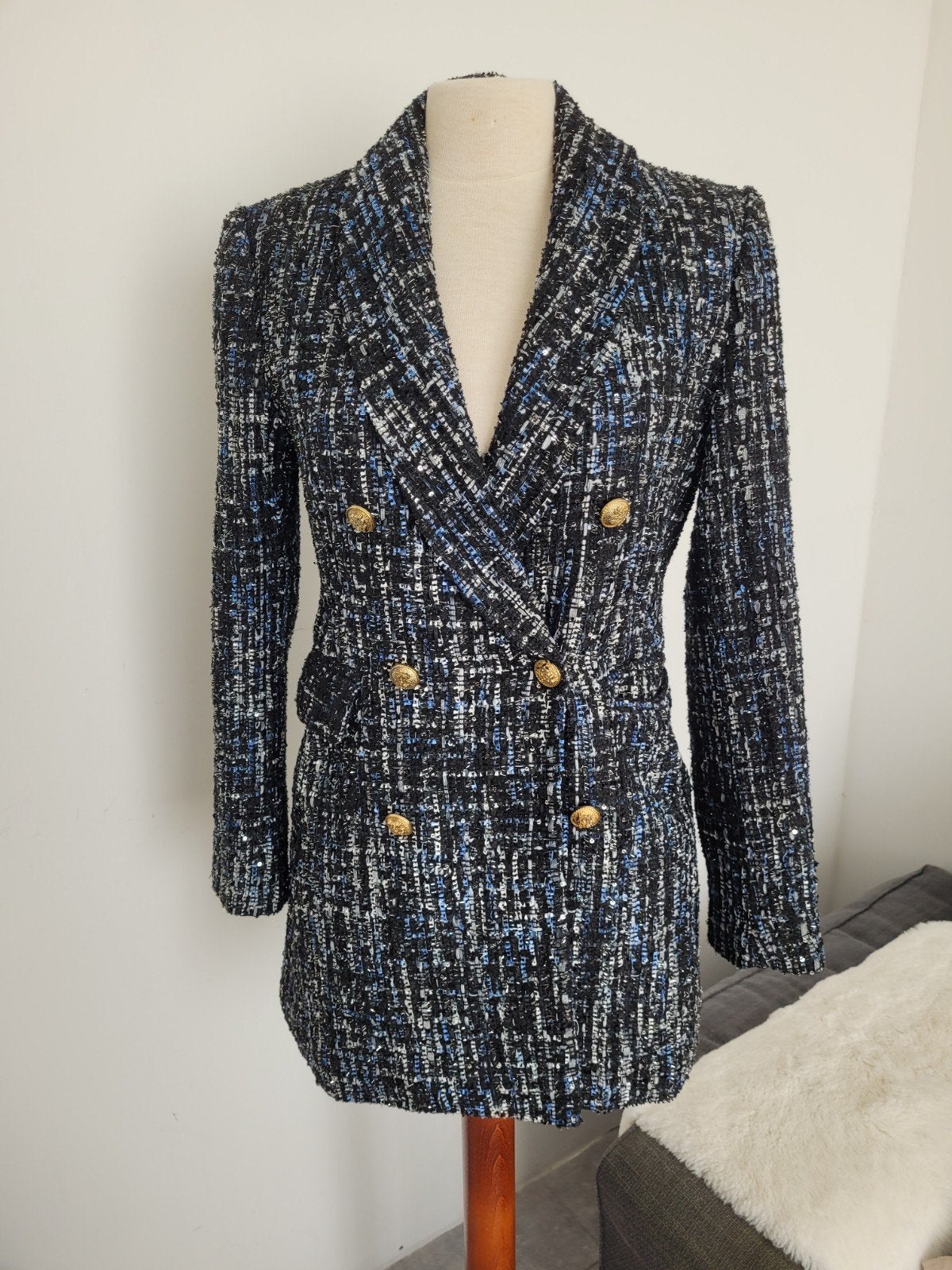 Stijlvol Tweed Jasje met Gouden Knopen - Maat L, Zwart, Maat 42/44 (L), Ophalen of Verzenden, Jasje