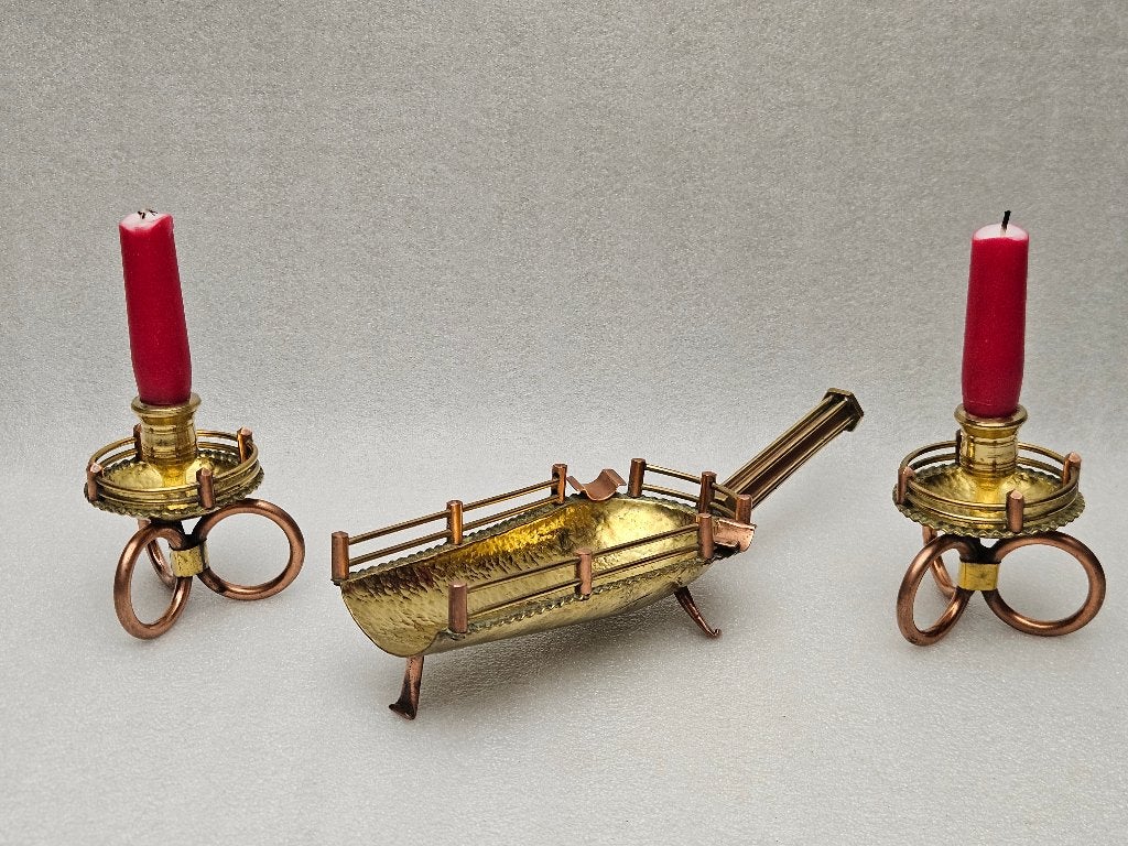 Een zeer fraai setje Volkskunst (Asbak en 2 kandelaars), Ophalen of Verzenden