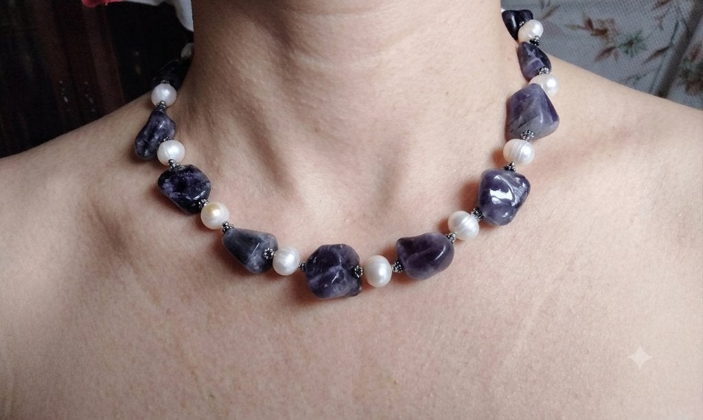 Prachtige BIG Ketting Echte Parels Ruwe Amethisten Zilver, Sieraden, Tassen en Uiterlijk, Kettingen, Overige materialen, Paars
