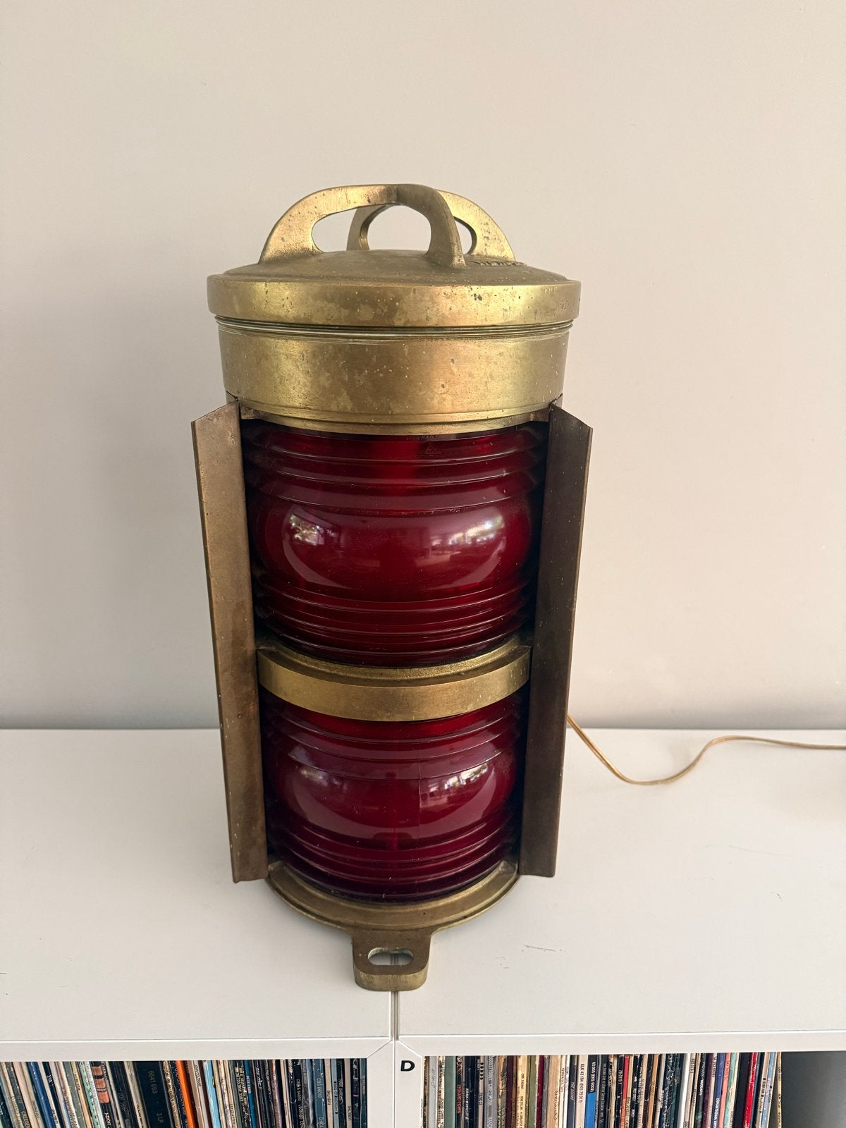 Antieke Messing Scheepslamp met Rood Glas brons, Verzamelen, Ophalen of Verzenden