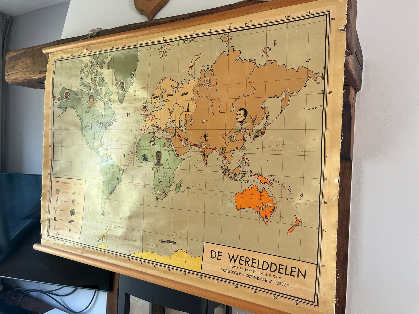 Vintage Schoolkaart 'De Werelddelen' - Dijkstra's Uitgeverij, Ophalen of Verzenden, Aardrijkskunde