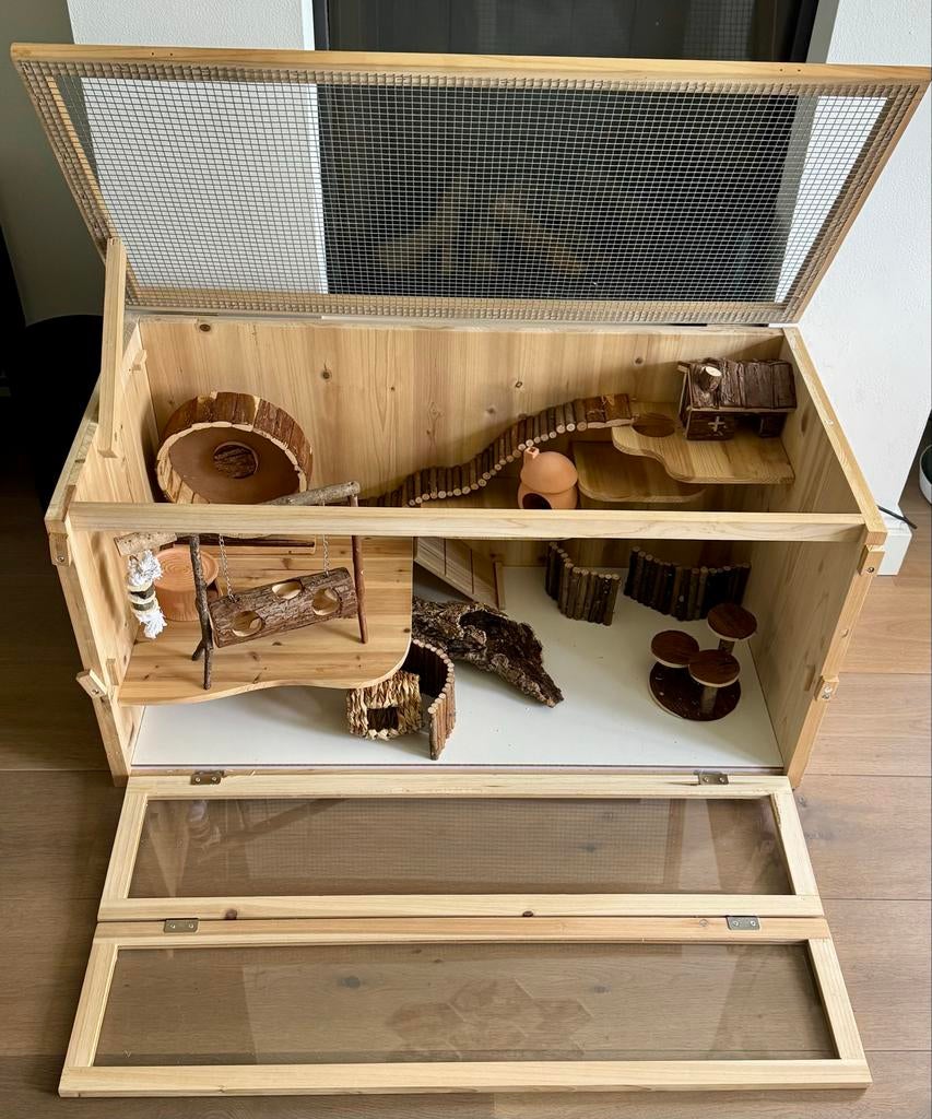 Te koop: Luxe houten knaagdierverblijf – compleet ingericht, Ophalen, Loopwiel of Rad
