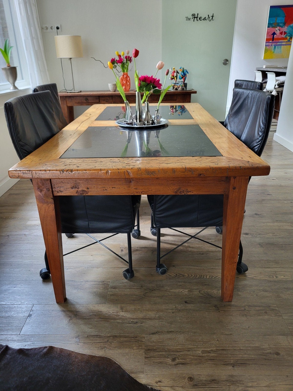 Robuuste Teakhouten Eettafel met Hardstenen Blad, Ophalen, Gebruikt, 50 tot 100 cm, Overige materialen