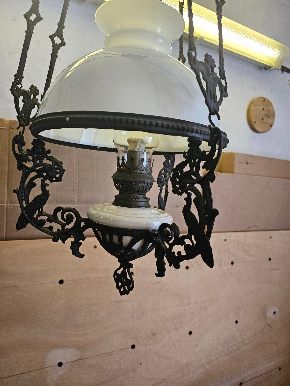 Antieke hanglamp met contragewicht - Gietijzer en glas, Ophalen of Verzenden