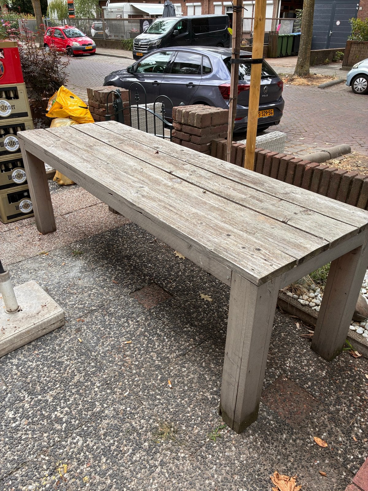 Gratis Robuuste houten tuintafel met bijpassend bankje, Ophalen, Gebruikt, Rechthoekig, Hout