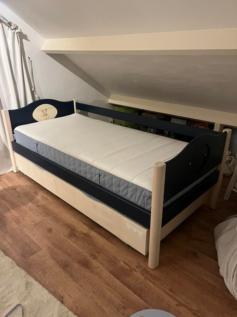 Disneybed+nachtkastje+ KEA matras&bodum+logeerbed, Eenpersoons, Blauw, 210 cm, Ophalen of Verzenden