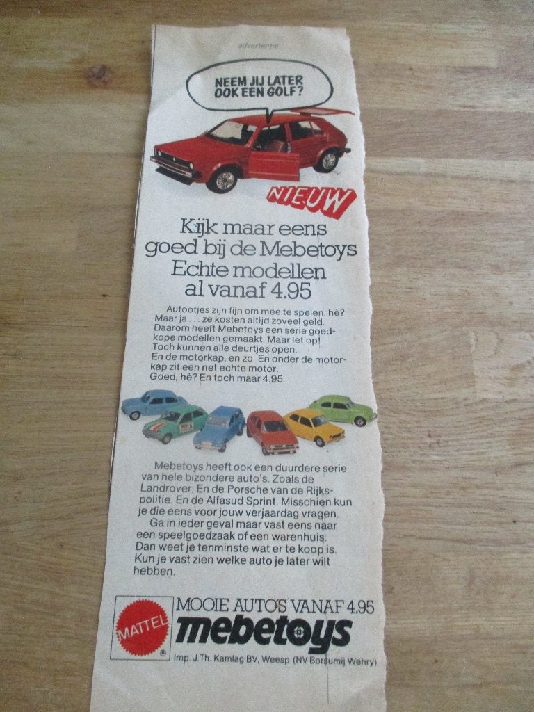 VINTAGE RECLAME ADVERTENTIE MATTEL MEBETOYS, Ophalen of Verzenden, Gebruikt
