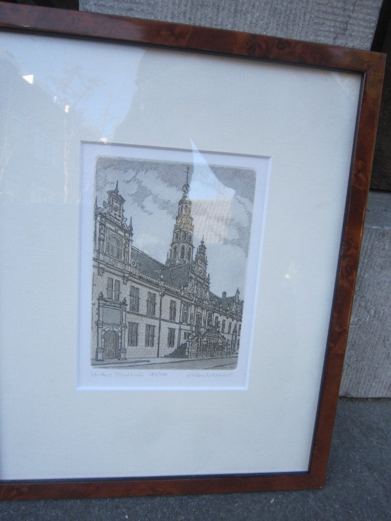 Mooie ets v/h Stadhuis van leiden, door Willem Veldhorst, Ophalen of Verzenden, Ets