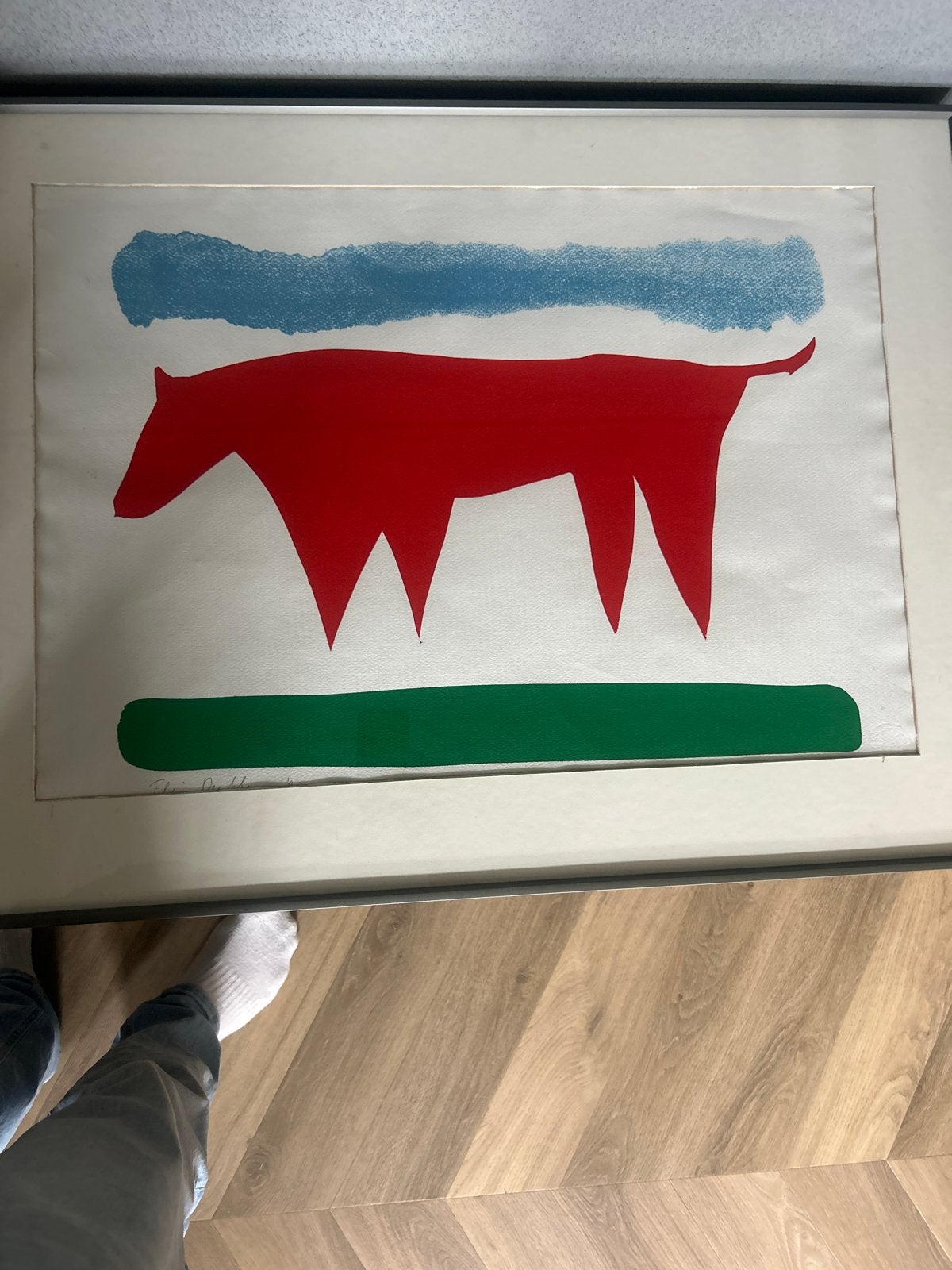 Abstracte kunstprint: Rood dier met blauwe en groene strepen, Antiek en Kunst, Ophalen of Verzenden