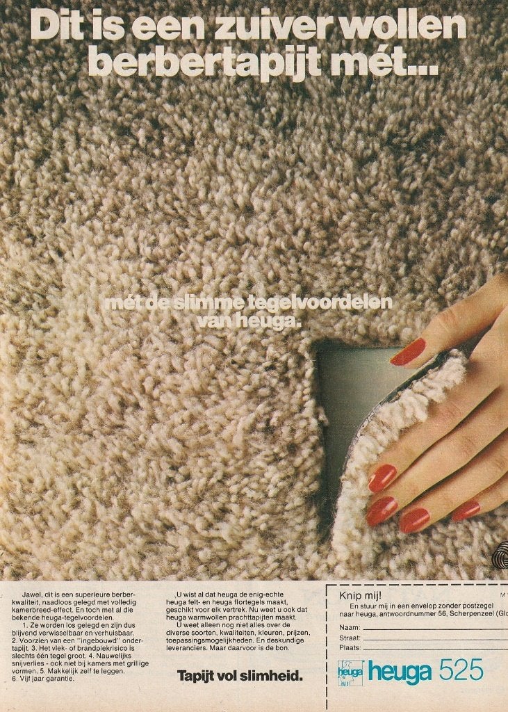 Retro reclame 1976 Heuga Scherpenzeel slim tapijt, Verzamelen, Verzenden, Overige typen