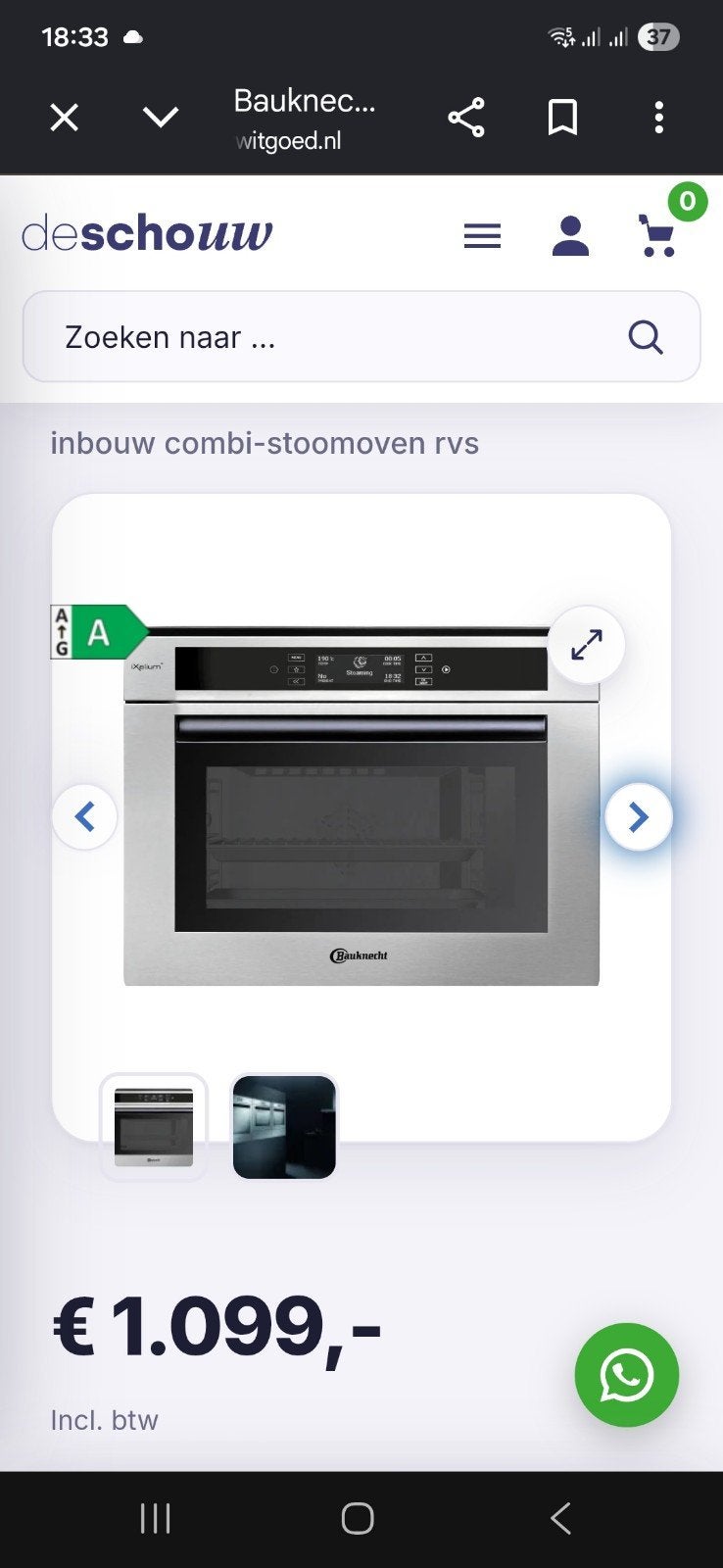 Bauknecht Inbouw Combi-Stoomoven RVS - Zo goed als nieuw, Ophalen, 45 tot 50 cm, Bauknecht, Hete lucht