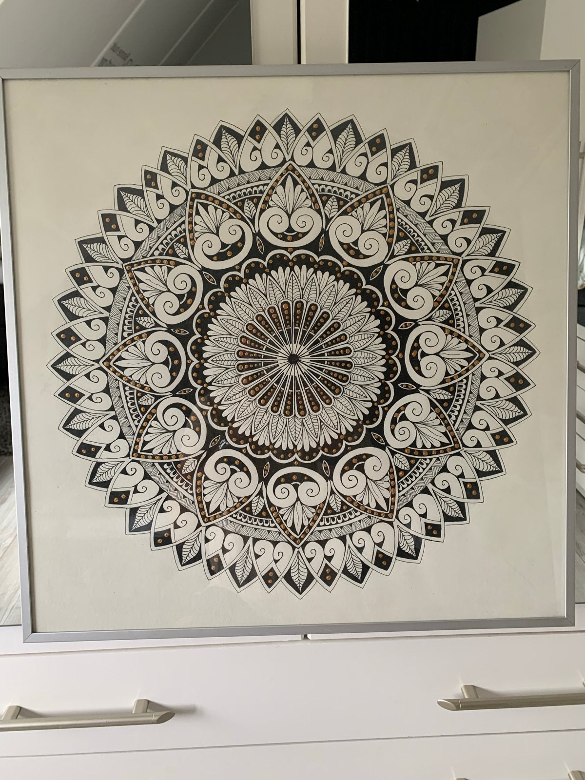 Ingelijste Mandala Tekening - Handgemaakt Kunstwerk, Antiek en Kunst, Ophalen, Tekening, Overige technieken, Handgemaakt