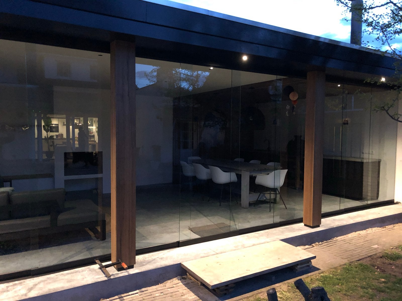 Grote glazen schuifwand voor terras 8,86 x 2,5m, Ophalen, Gevelraam of Ruit, Gebruikt, 160 cm of meer