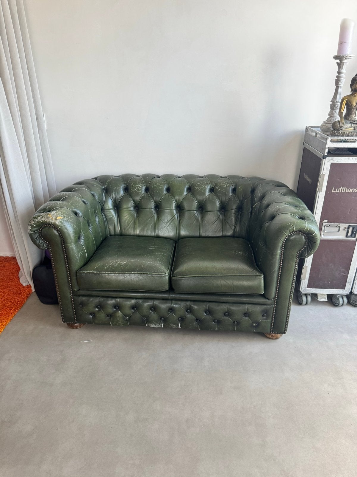 Chesterfield bankje - Groen leer, Ophalen, Gebruikt, Tweepersoons, Minder dan 150 cm