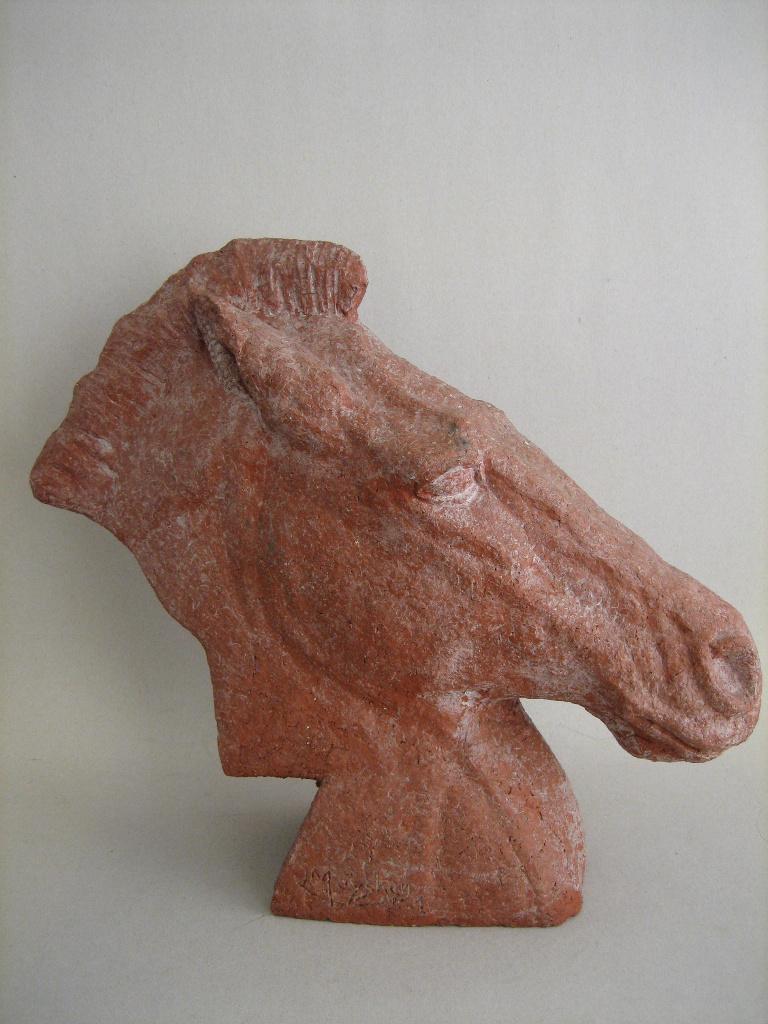 4. Aardewerk beeld Leo Muysken groot paardenhoofd, Ophalen, Handgemaakt, Steen of Keramiek, Beeld