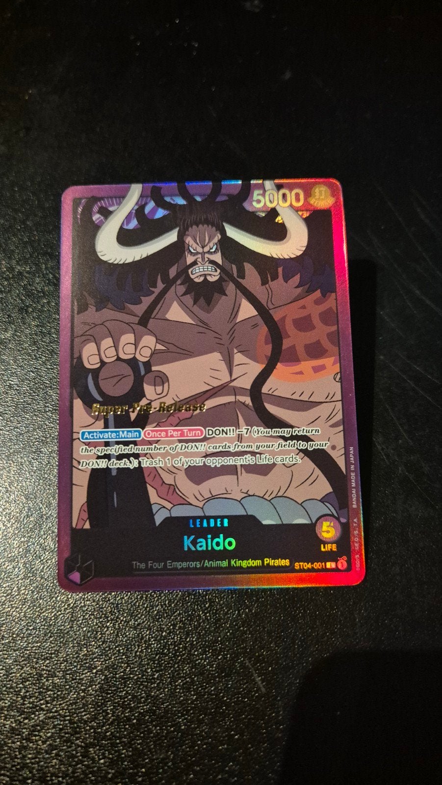 Kaido Leader Super Pre-Release One Piece, Ophalen of Verzenden, Zo goed als nieuw, Losse kaart, Foil