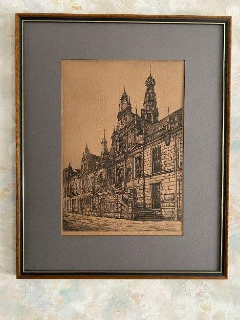 Ets  ,  Marius  Janssen  .  1885 - 1957, Antiek en Kunst, Ophalen of Verzenden, Stadsgezicht, Ets