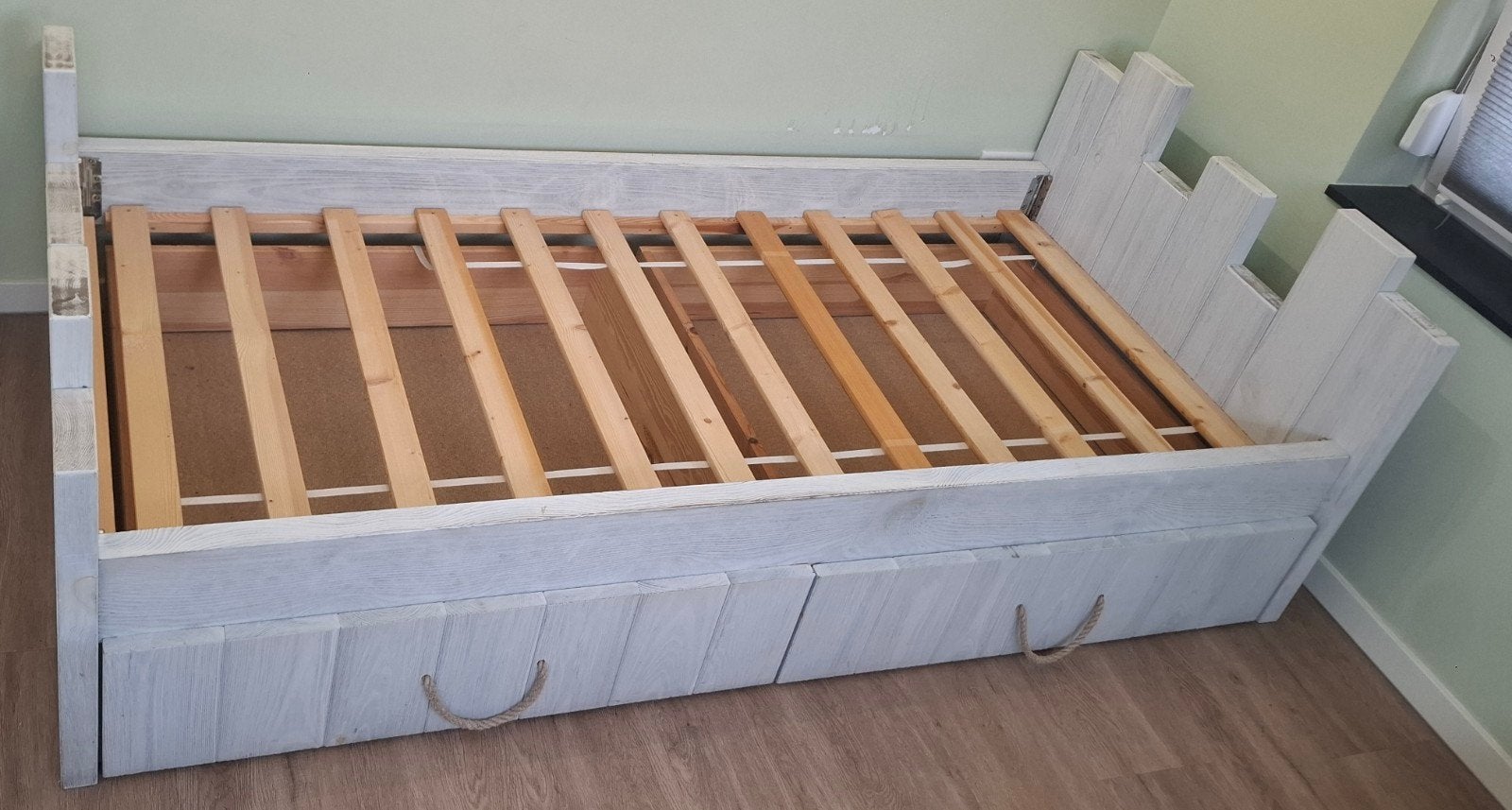 Steigerhouten kinderbed met lades 200x90 excl lattenbodem, Ophalen, 180 cm of meer, 85 tot 100 cm, Lattenbodem