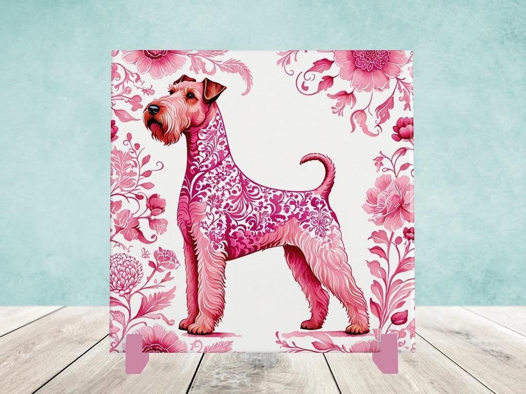 Airedale Terriër Delfts Roze tegel incl houder, Ophalen of Verzenden, Nieuw