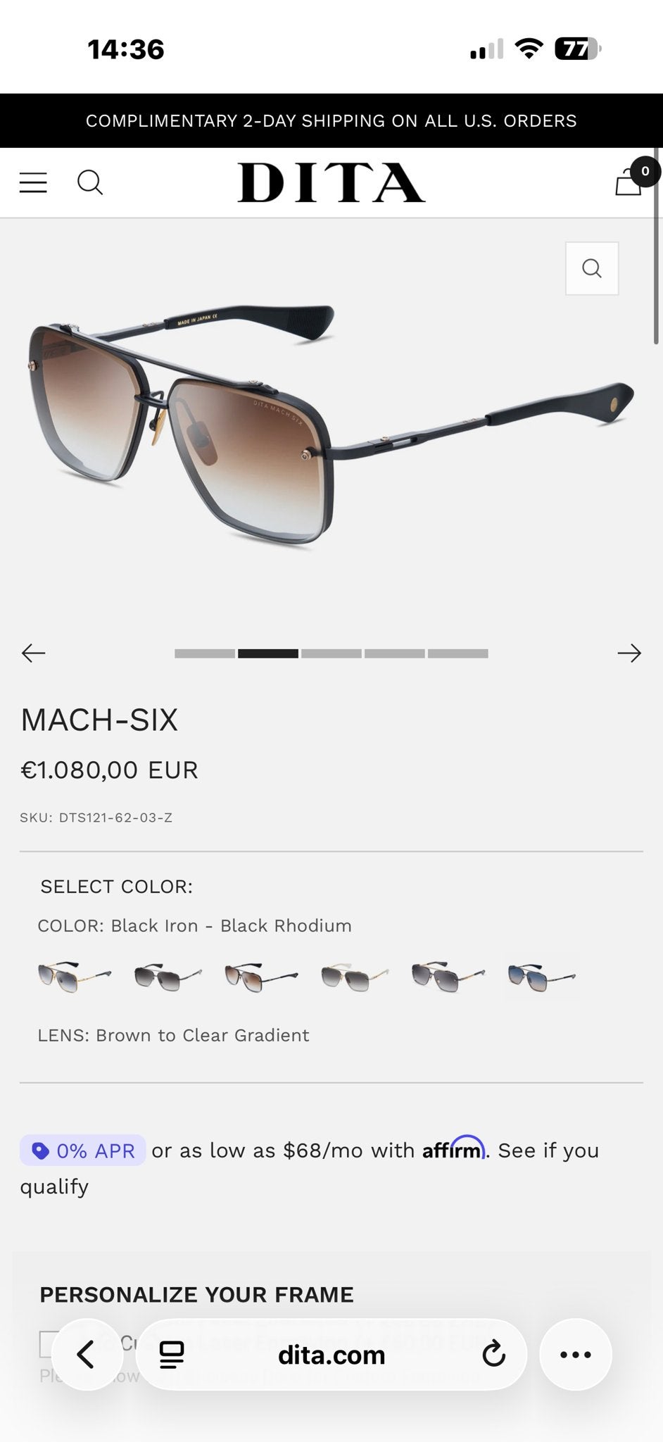 Dita mach six black rhodium - Nieuwstaat, Overige merken, Zwart, Ophalen of Verzenden, Zo goed als nieuw