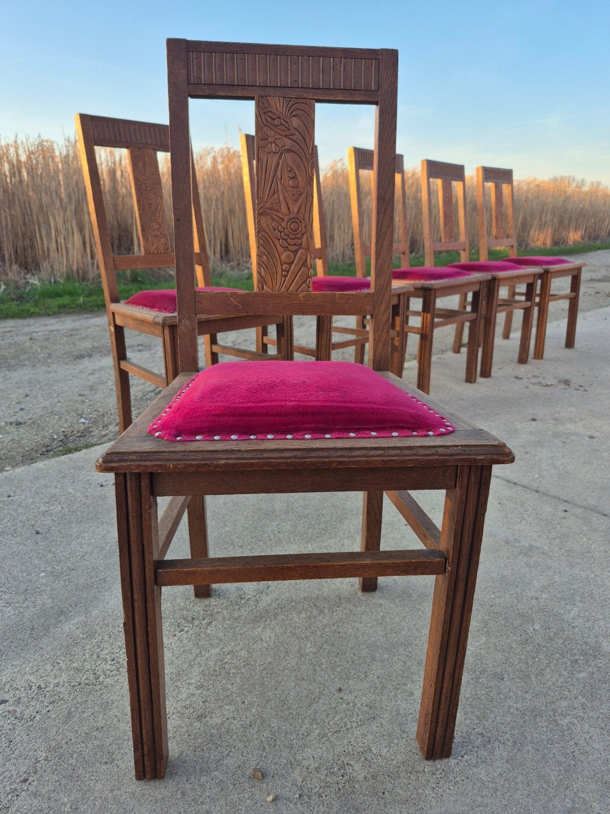 OPKNAPPERS set 6 Art Nouveau Deco eiken stoelen, Ophalen, Gebruikt, Rood