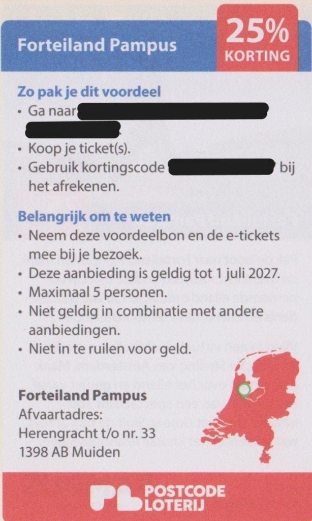 Forteiland Pampus. Muiden. 25% korting. Postcodeloterij bon., Tickets en Kaartjes, Drie personen of meer, Kortingskaart