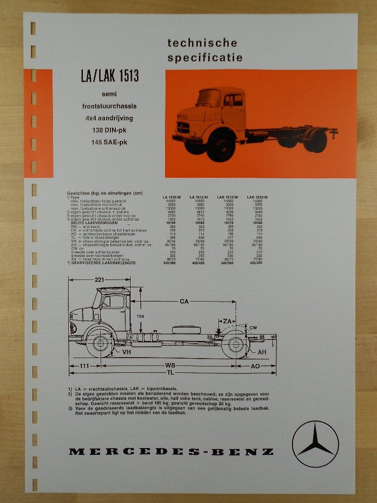 Mercedes 1513 LA LAK 1973 4x4 Torpedo Specificatie Brochure, Zo goed als nieuw, Mercedes-Benz, Mercedes, Ophalen of Verzenden
