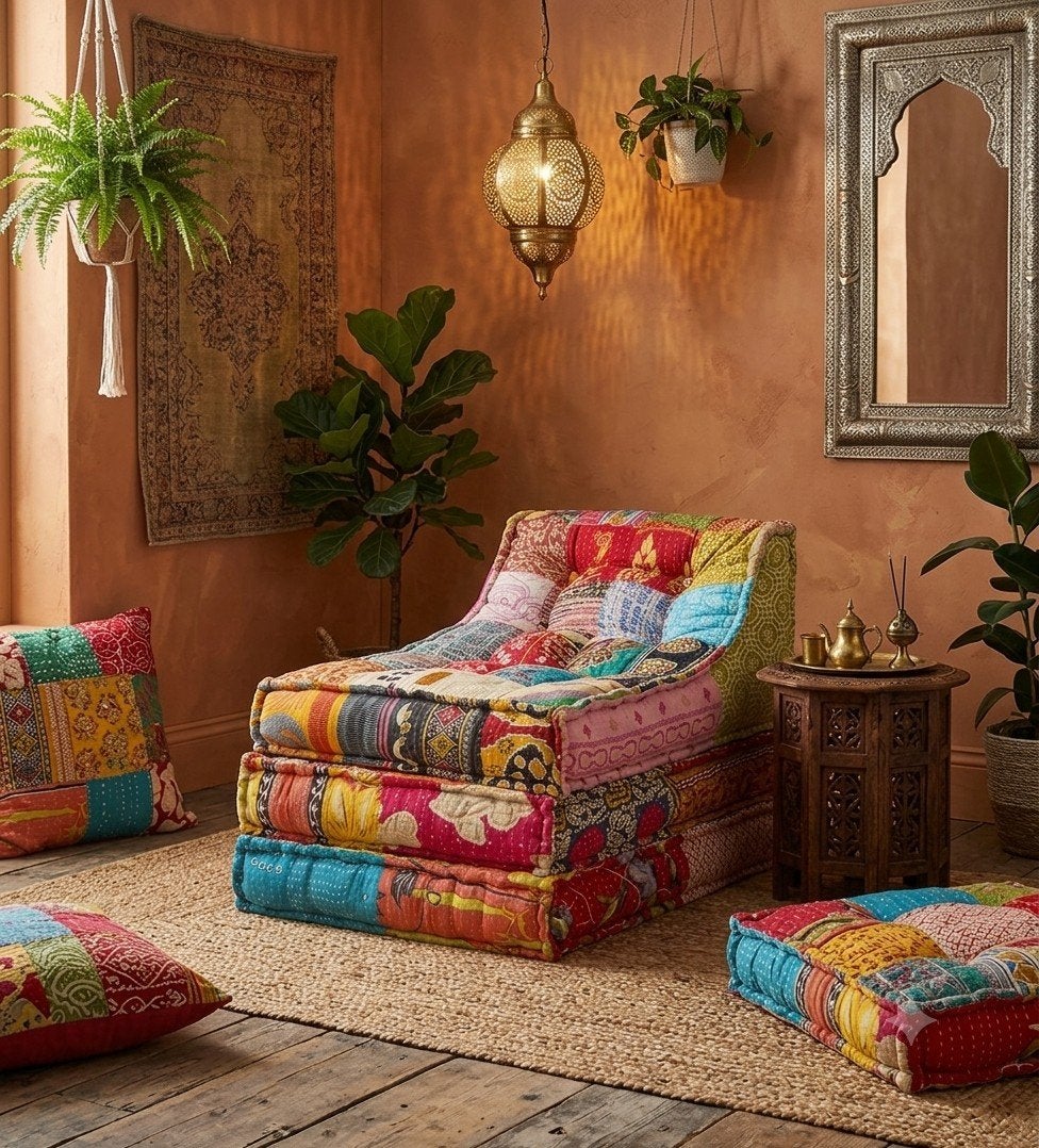 NIEUWE Unieke Bohemian Patchwork Lounge Fauteuil / Vloerkuss, Venlo, Nieuw, Ophalen of Verzenden, Info@habatrading.com