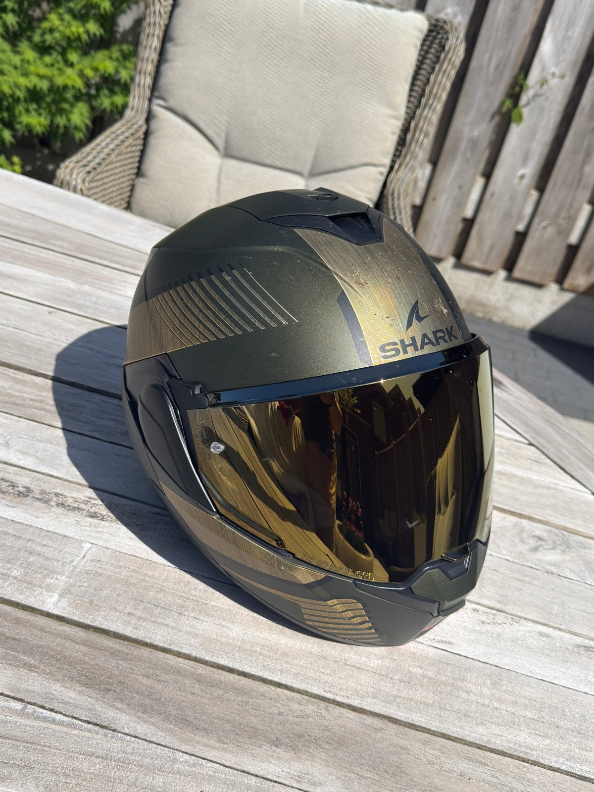 Mooie Shark systeemhelm groen / goud mt. L, Ophalen of Verzenden, Tweedehands, Integraalhelm, Shark