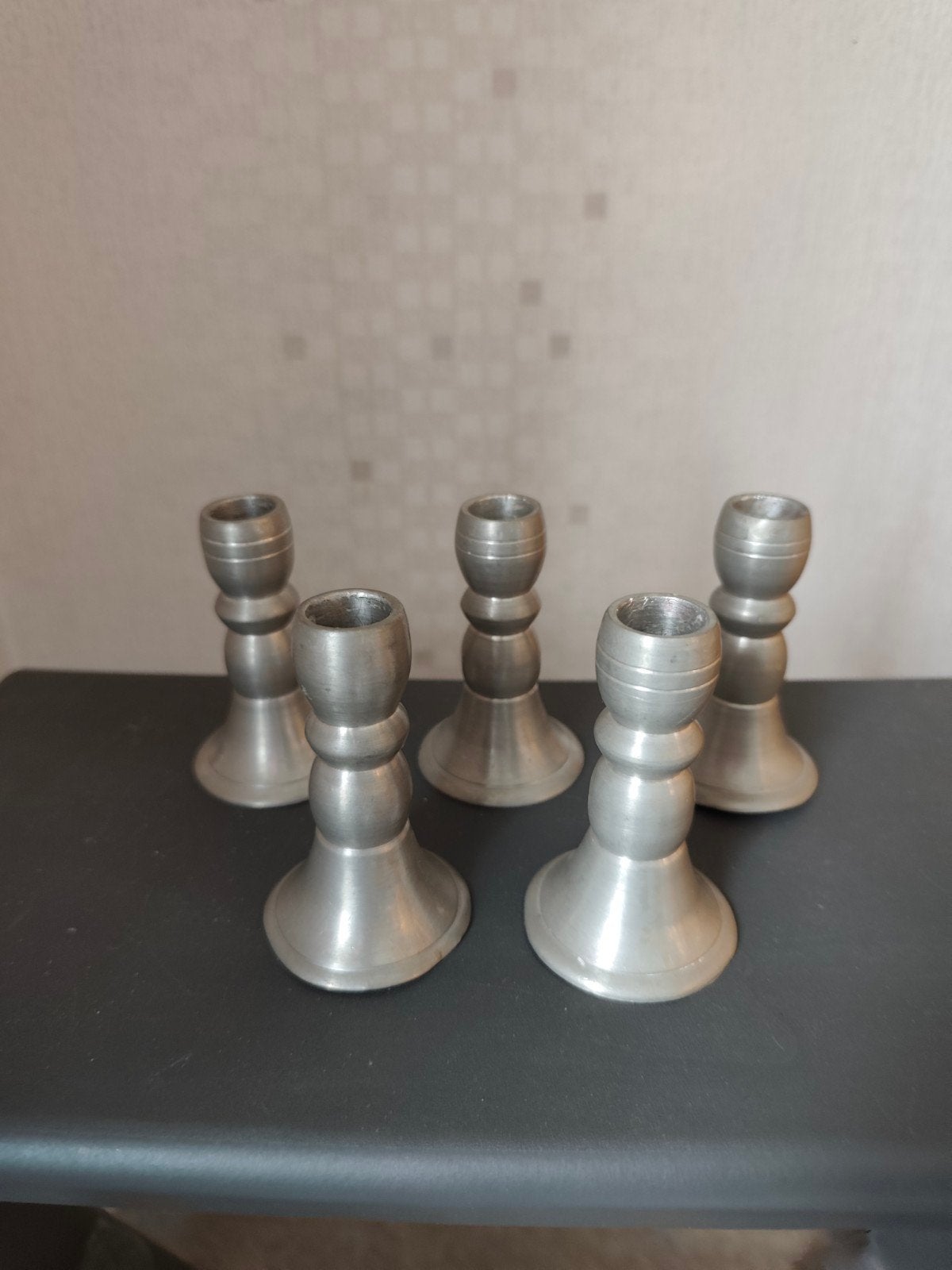5x tinnen kandelaar replica Zakkendragershuisje Engeltjestin, Antiek en Kunst, Ophalen of Verzenden