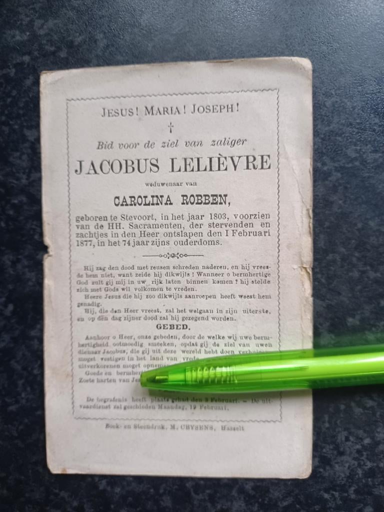 Bidprentje Stevoort Jacobus Lelievre 1803 1877, Ophalen, Bidprentje