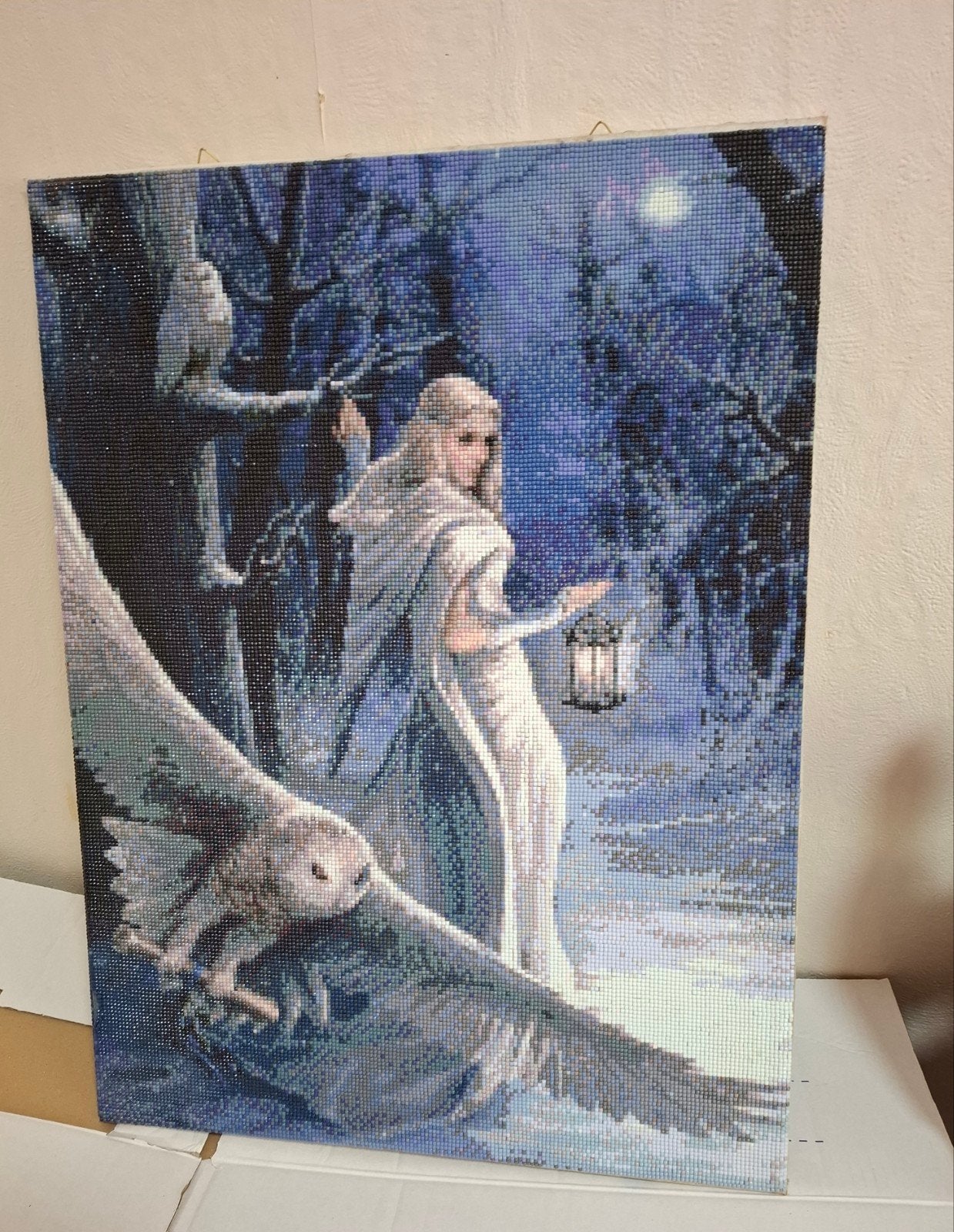 gratis Diamond Painting: Elf met Uil in Nachtelijk Bos, Antiek en Kunst, Ophalen, Figuren, Op houten frame, Overige technieken
