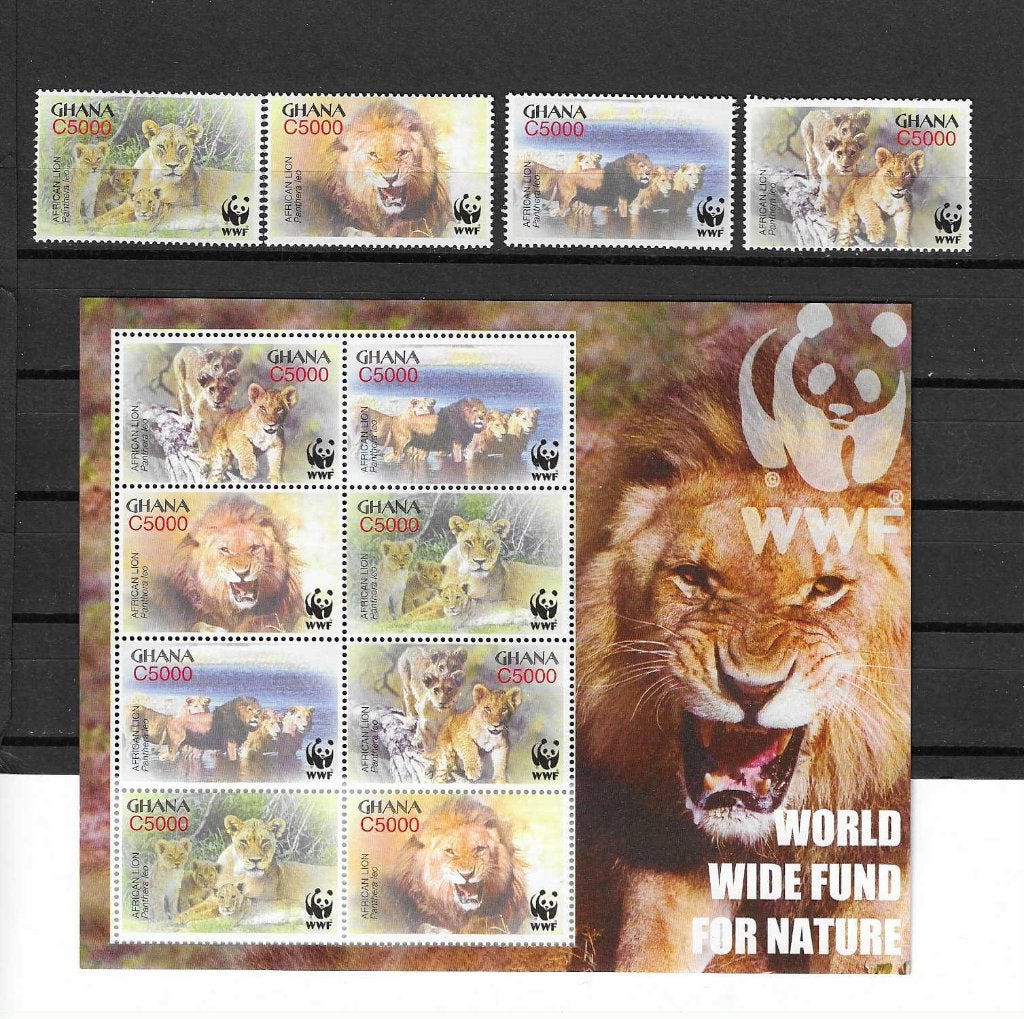 Ghana Fauna Leeuwen serie met blok, Postzegels en Munten, Ophalen of Verzenden, Overige landen, Postfris