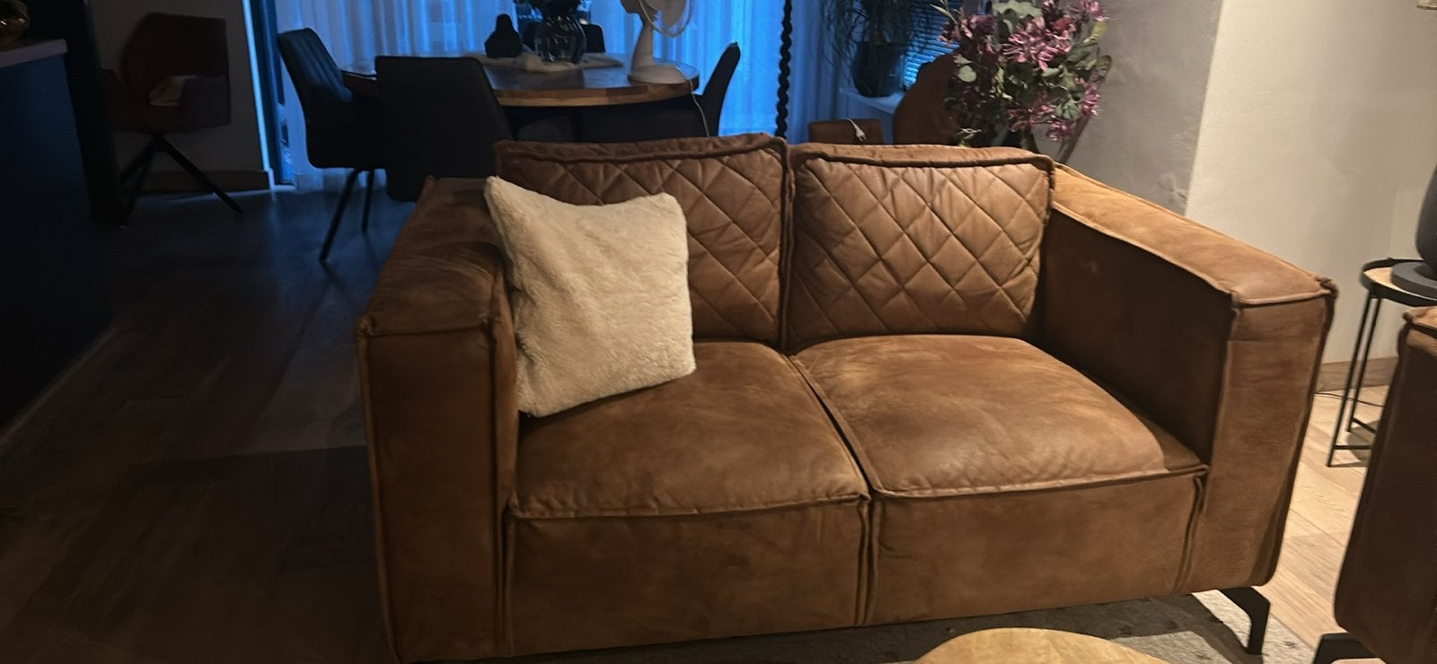 3- en 2-zits bankstel microvezel cognac kleur, Ophalen, Gebruikt, Driepersoons, Rechte bank