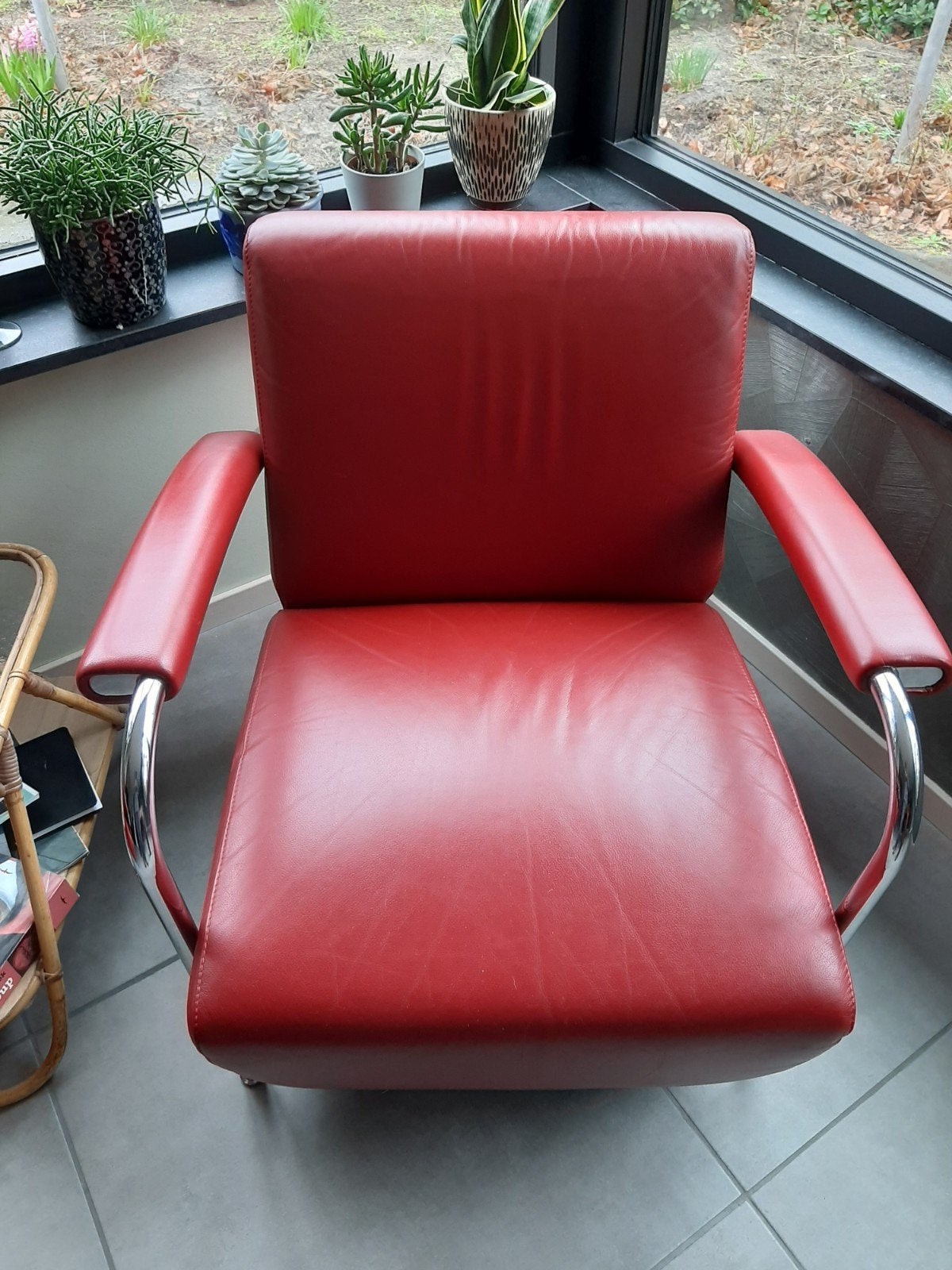 leolux Scylla rood lederen fauteuil, Huis en Inrichting, Ophalen, Zo goed als nieuw, 50 tot 75 cm, Leer