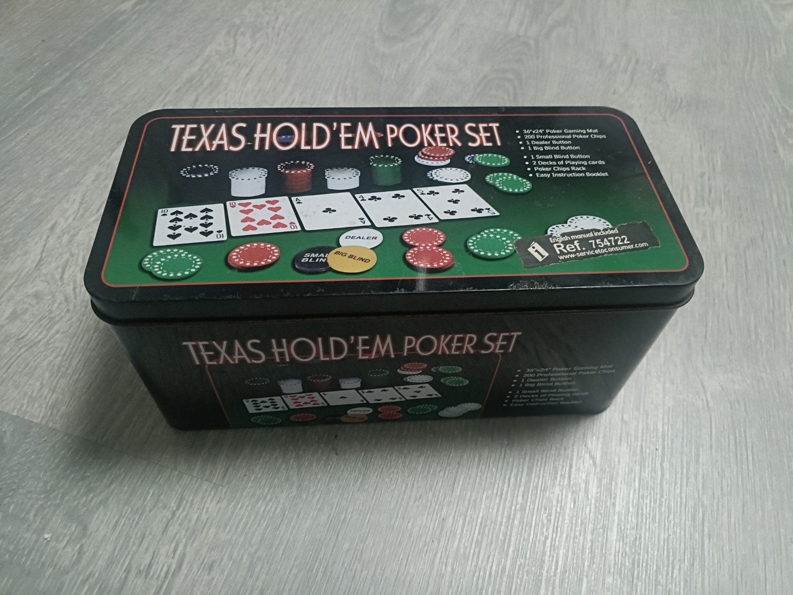 Texas Hold'em Poker Set in blikken doos, Vijf spelers of meer, Ophalen of Verzenden, Gebruikt, Onbekend