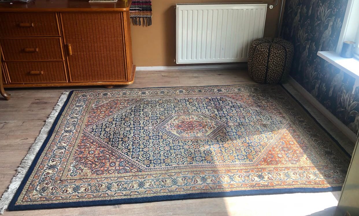 Vintage handgeknoopt perzisch tapijt blauw, Groen, 100 tot 150 cm, Vintage, 200 cm of meer