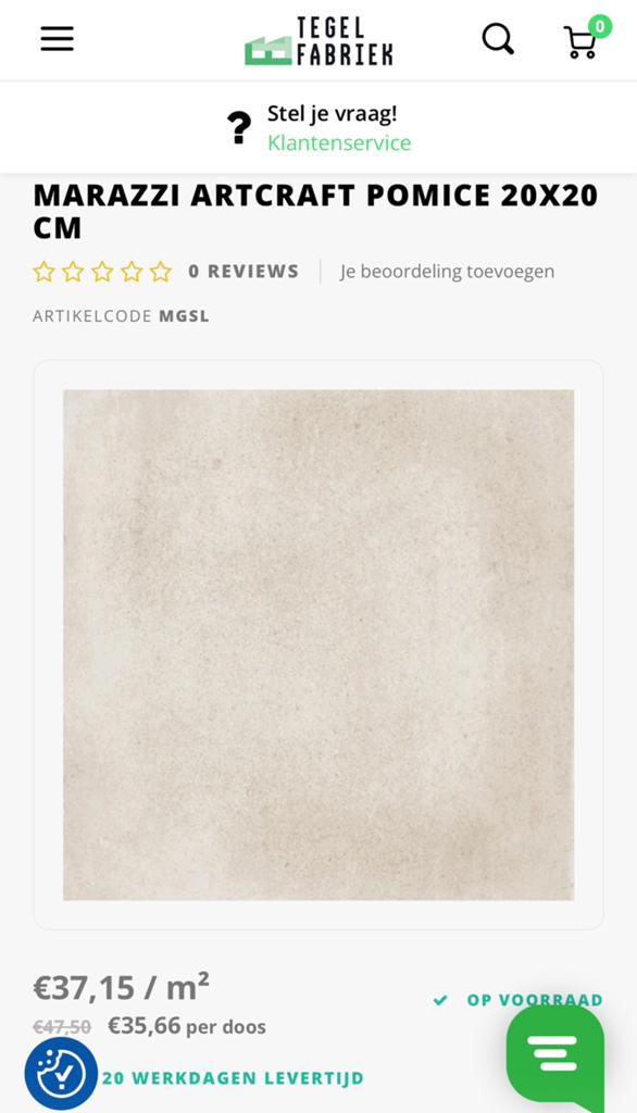 Vloertegel 20x20 vtwonen Earth collectie Pomice (1 m²), Ophalen, Keramiek, Nieuw, 20 tot 40 cm