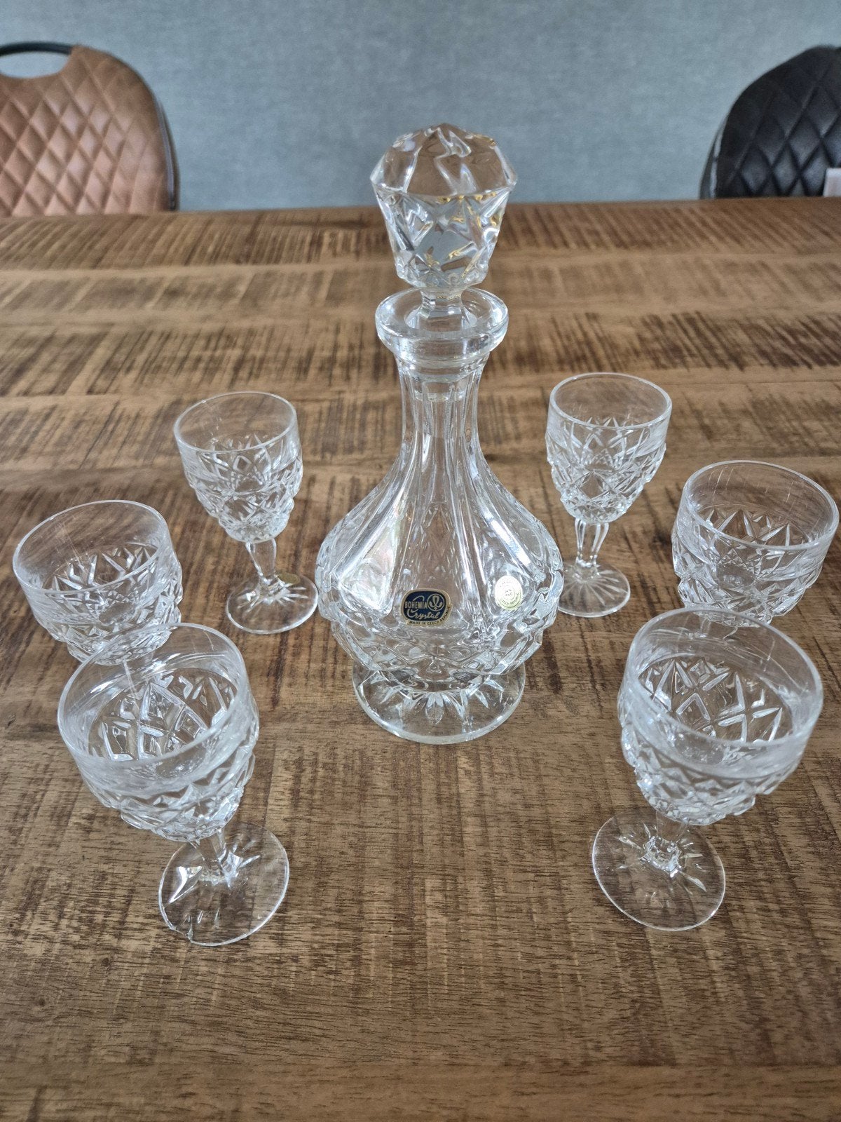 Origineel handgeslepen Tjechisch kristallen karaf-set met 6, Ophalen of Verzenden