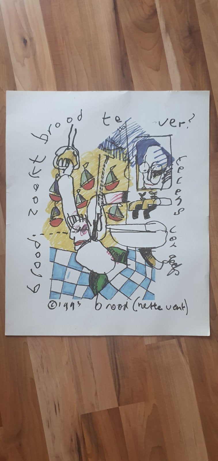 Herman Brood - Brood te ver? (nette vent) - Tekening 1993, Ophalen of Verzenden, Tekening, Overige technieken, Gesigneerd