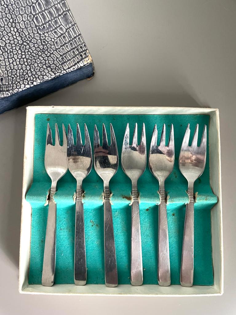 Vintage gebaksvorkjes set - 6 stuks in doosje, Antiek en Kunst, Ophalen of Verzenden