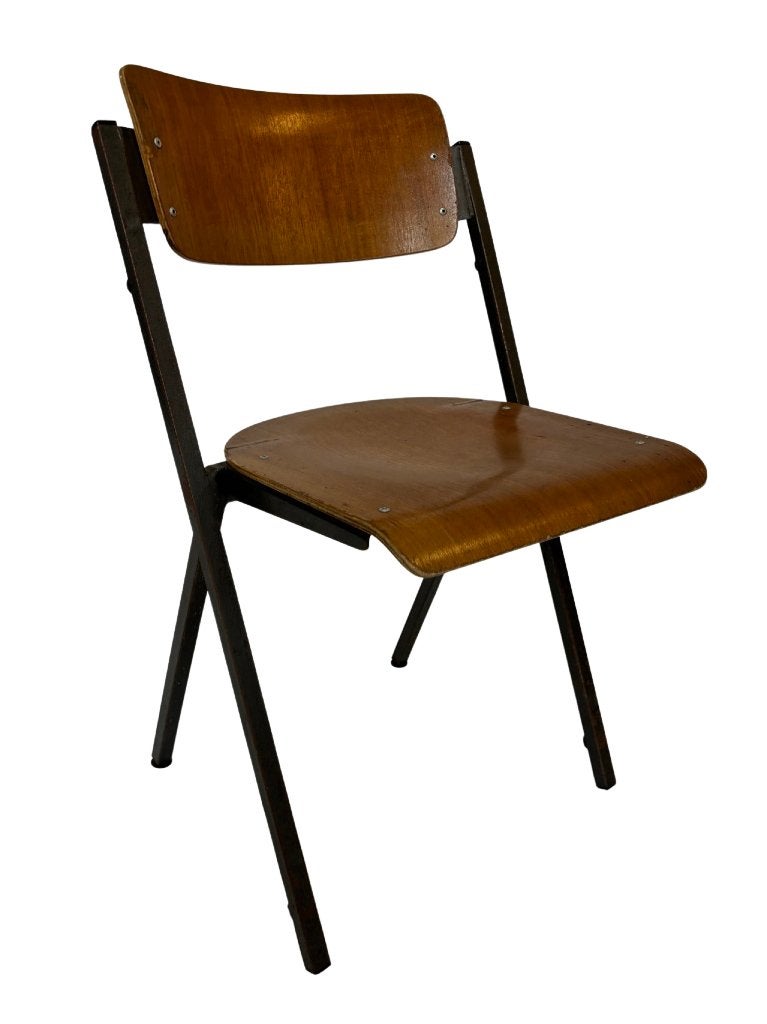 Vintage Set Van Vier Stoelen Schoolstoel Kompas model 60's, Vintage stoelen, Gebruikt, Bruin, Vintage stoelen