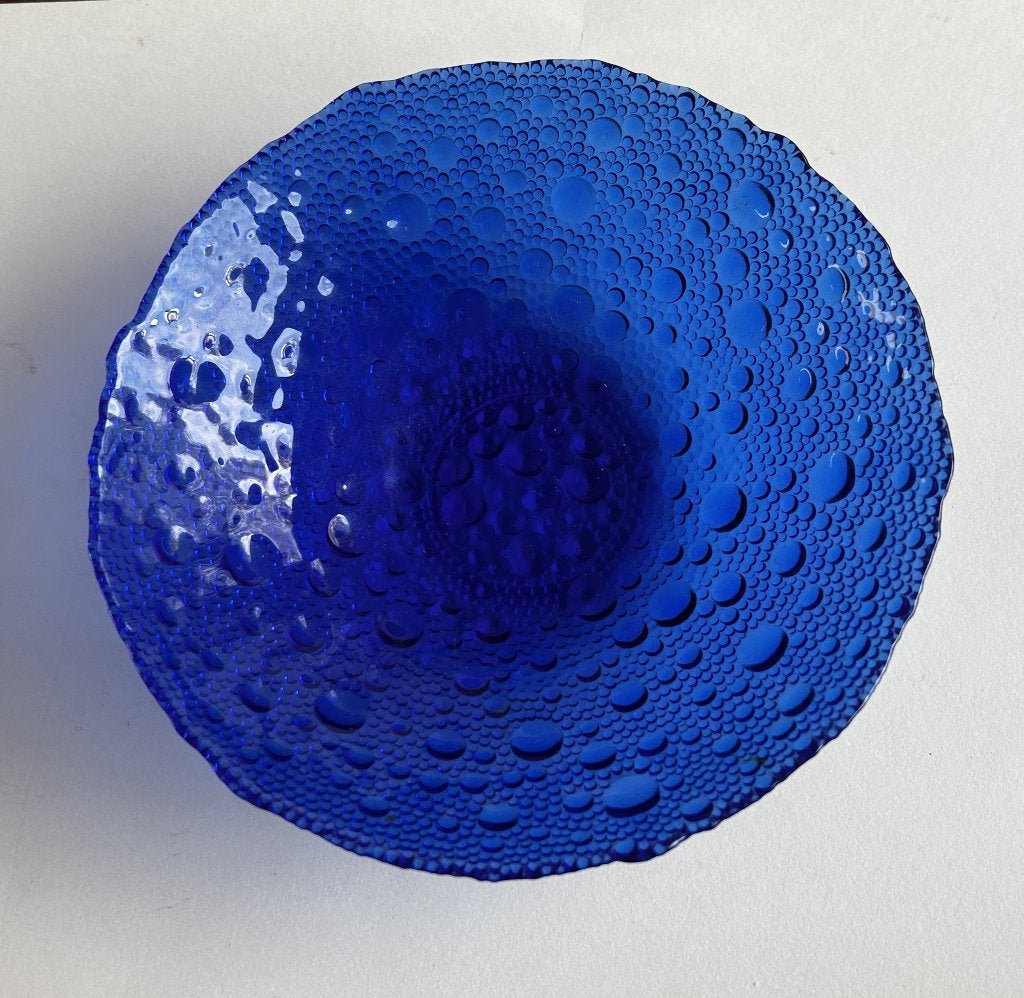 Vintage design glazen bubbelschaal | Kobaltblauw | Sklo, Schaal, Rond, Geribbeld, Ophalen of Verzenden