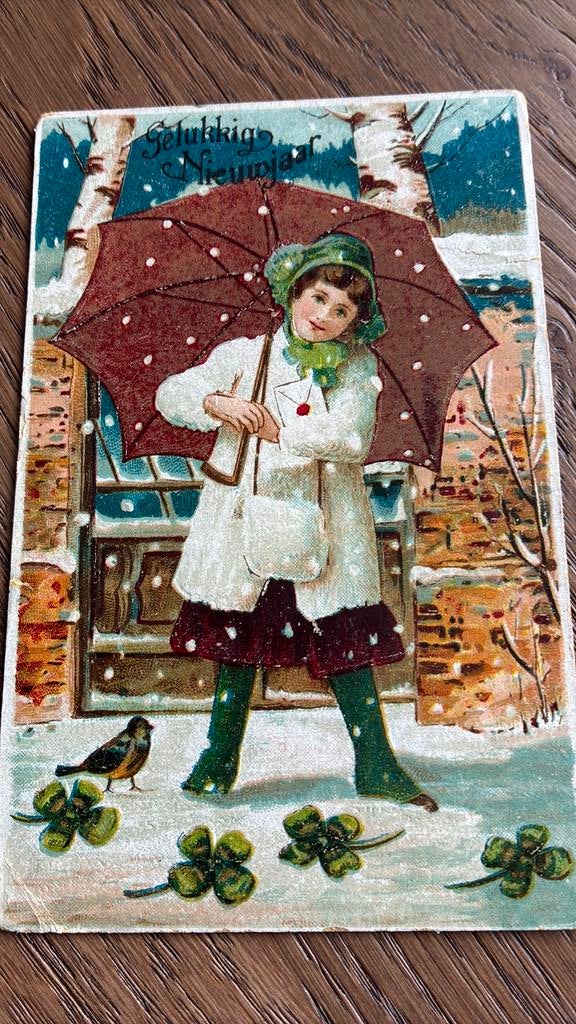GERESERVEERD!.Relief.Meisje met paraplu in sneeuw,klaver,, Ophalen of Verzenden, Voor 1920, Kinderen