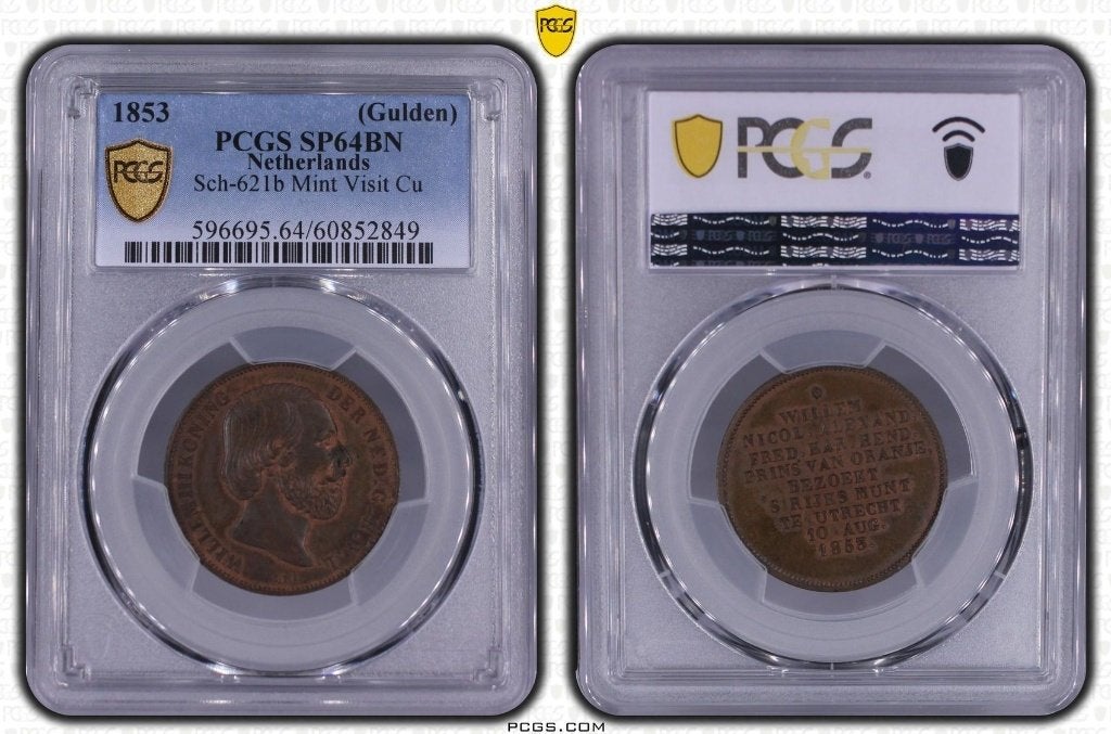 Nederland - Gulden 1853 'Ontwerp' in PCGS slab SP64, Postzegels en Munten, Munten | Nederland, Ophalen of Verzenden, Koning Willem III