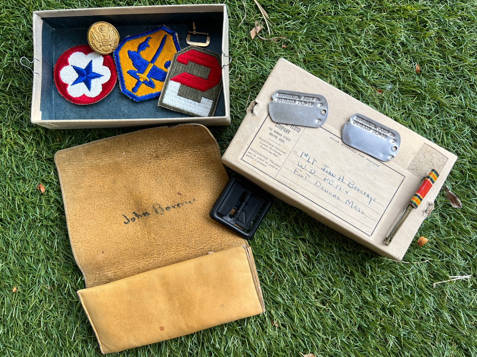 WO2 Amerikaans dog tag grouping officier in doos, Amerika, Verzenden, Embleem of Badge