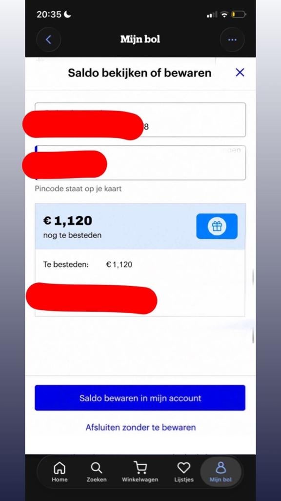 Cadeaukaart Bol €1120,- Saldo, Tickets en Kaartjes, Kortingen en Cadeaubonnen, Eén persoon, Cadeaubon