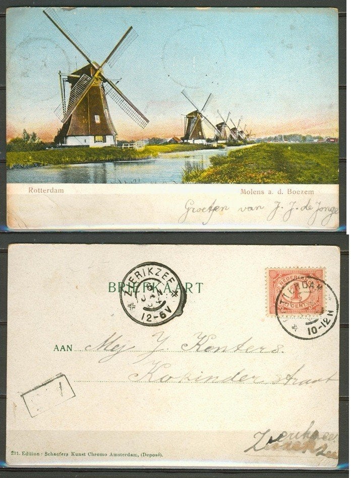 Rotterdam 1906 Molens a.d. Boezem Ansichtkaart a-13b  jdu, Ophalen of Verzenden, Voor 1920, Gelopen, Overige thema's