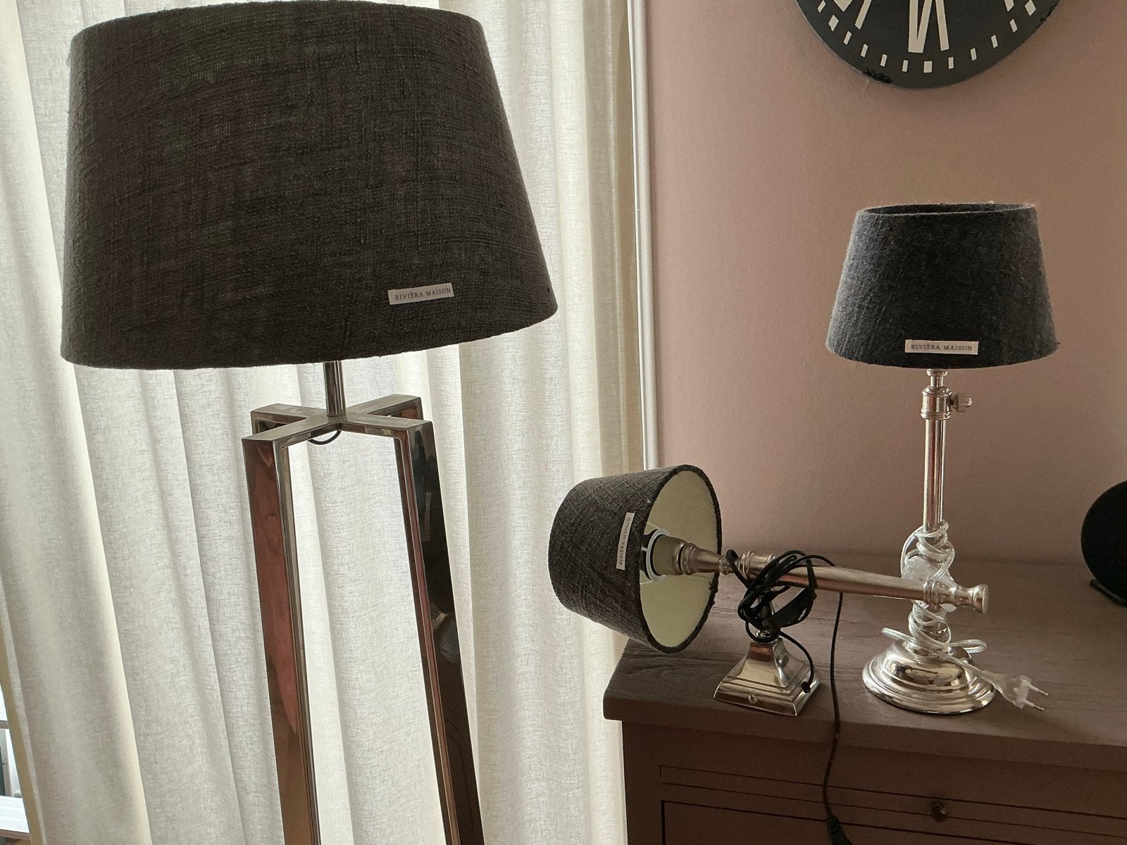 Set van 3 Riviera Maison lampen: vloerlamp en tafellampen, Huis en Inrichting, Ophalen, Gebruikt, E27 (groot), Metaal